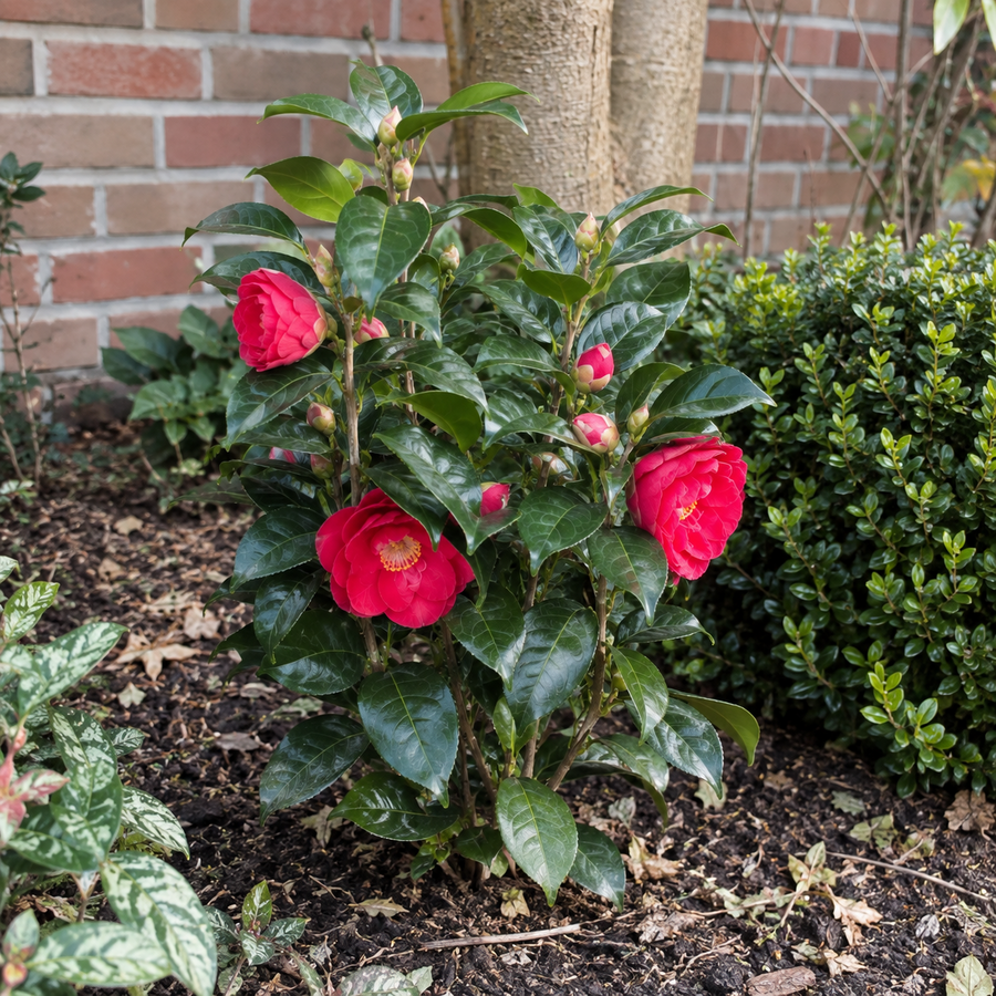 Camellia japonica Dr King | Japanse roos | 40 cm hoog | In 13 cm pot | Roodbloeiende wintergroene heester