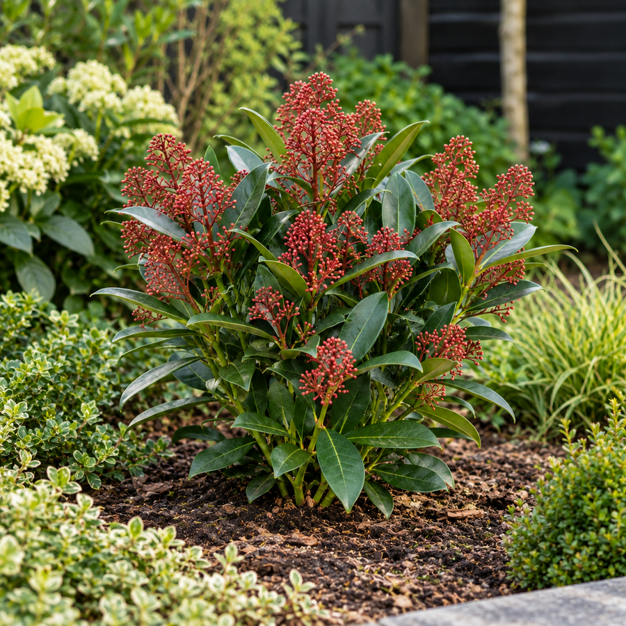 Skimmia japonica 'Rubella' | 45 cm hoog | In 15 cm pot | Wintergroene sierheester