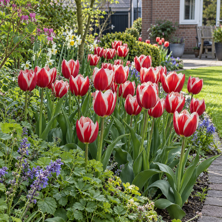 Tulipa Leen van der Mark | 100 bloembollen | rood witte Triumph tulp | ca. 50 cm hoog