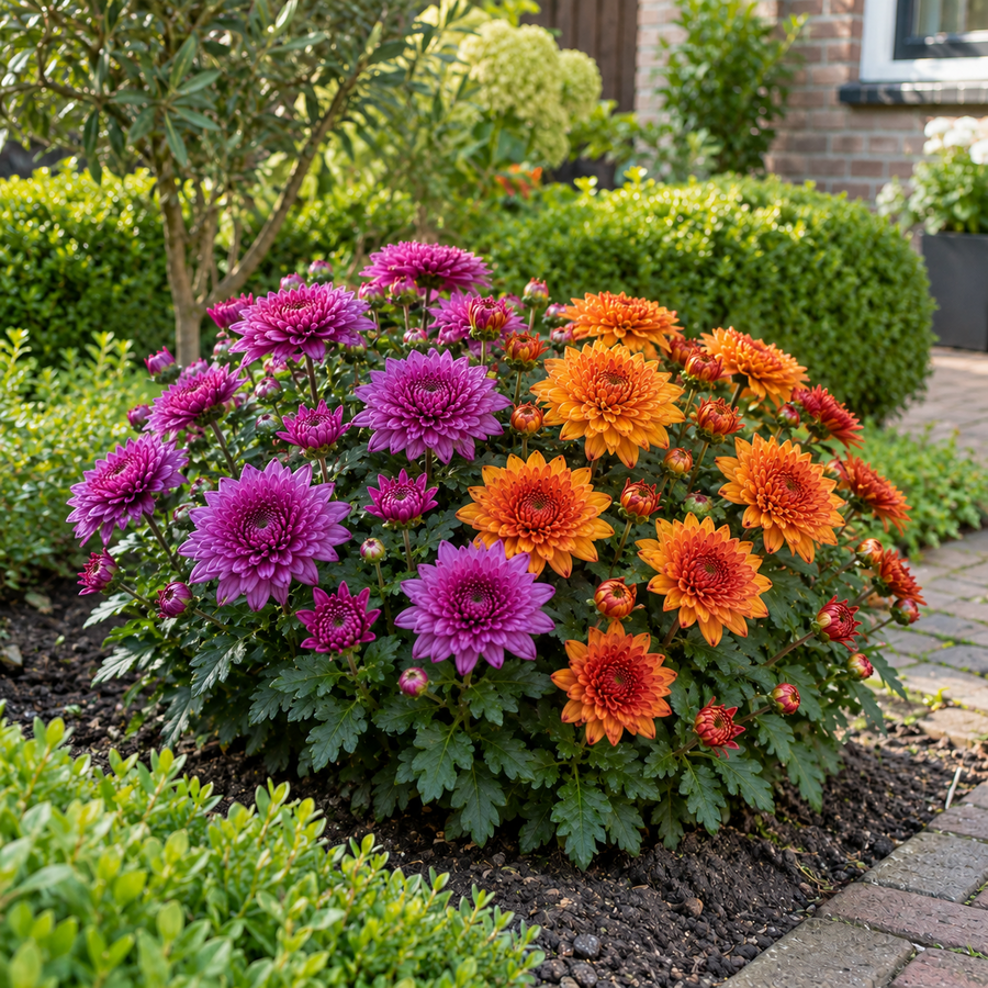 Chrysanthemum Garden Mums paars en oranje in 1 pot | Grootbloemige herfstchrysant | Ca. 25 cm hoog | In 15 cm pot