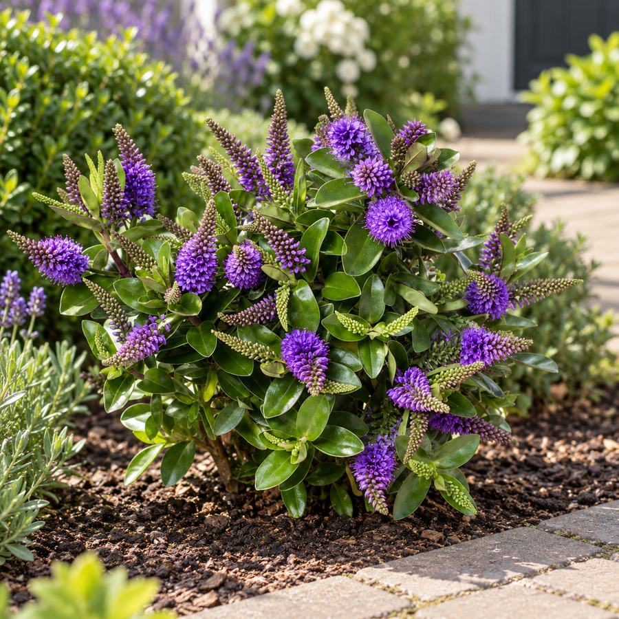 Hebe Hebedonna Anna | Struikveronica met paarse bloemen | 25 cm hoog | In 15 cm pot