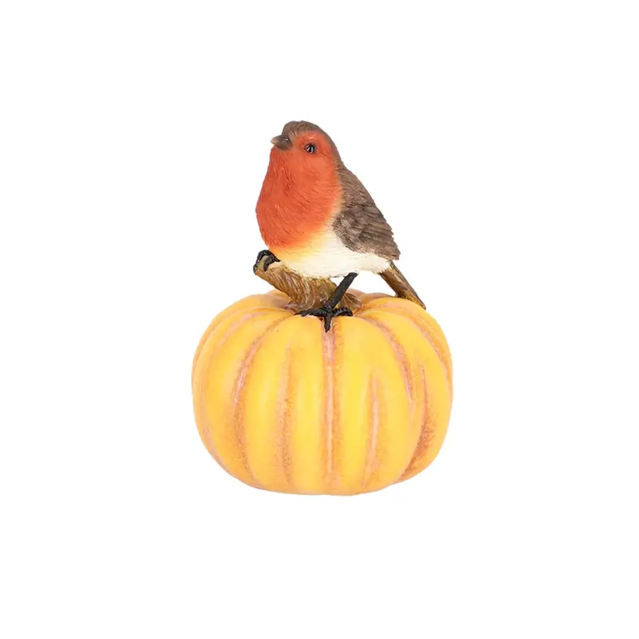 Roodborst op pompoen tuinbeeld 11,7 x 12 x 16,2 cm polyresin