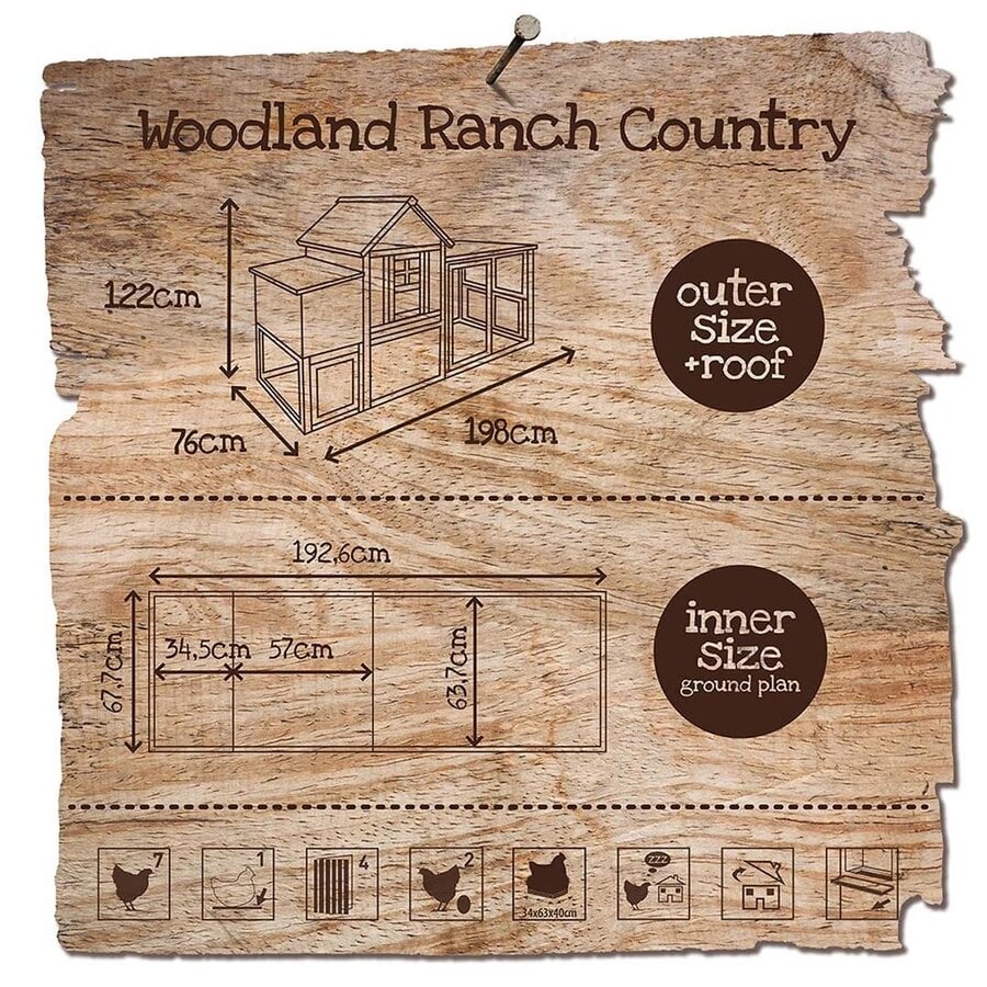 Kippenhok Ranch Country Grijs/beige 198 x 76 x 122 cm met uitloopren voor maximaal 7 kippen