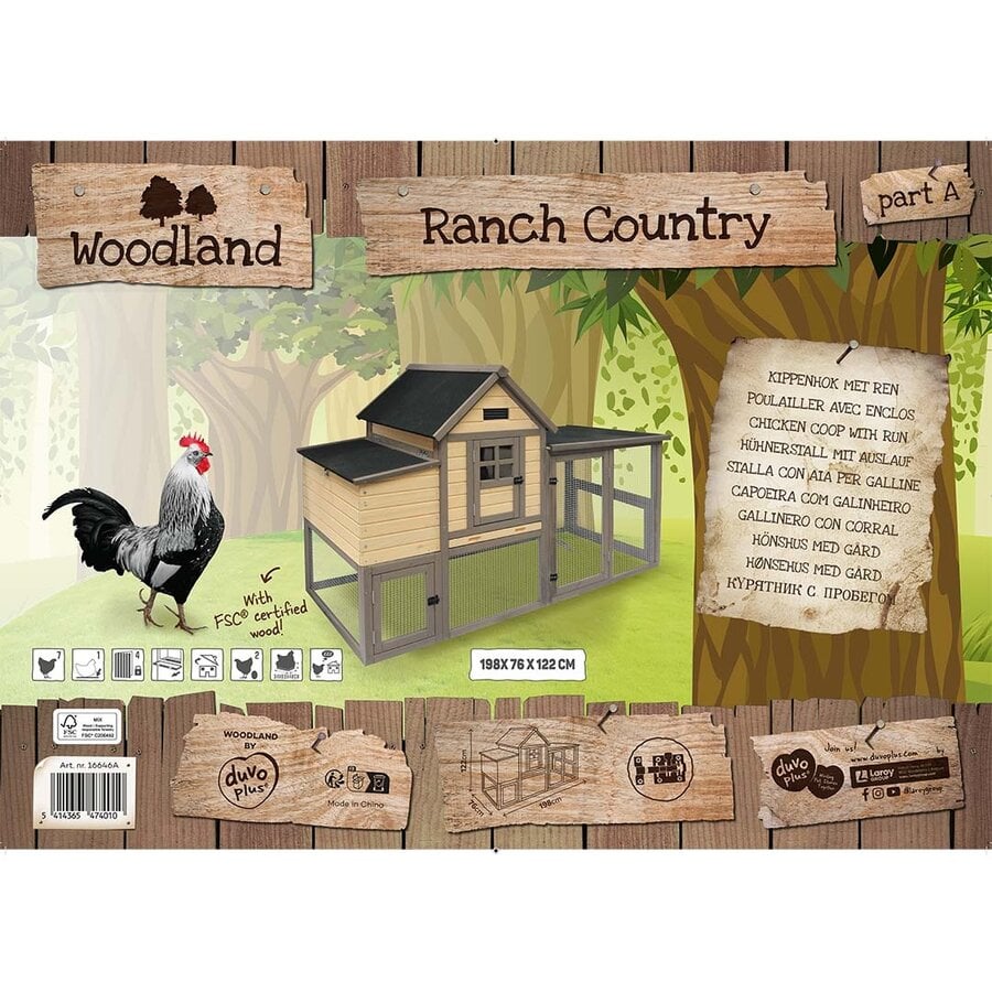 Kippenhok Ranch Country Grijs/beige 198 x 76 x 122 cm met uitloopren voor maximaal 7 kippen