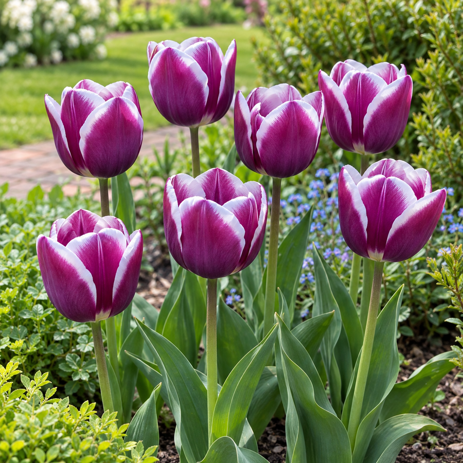 Tulipa Triumph | Paarse tulp met witte bloemranden | 7 bloembollen | Ca. 50 cm hoog | Voor tuin, balkon en terras