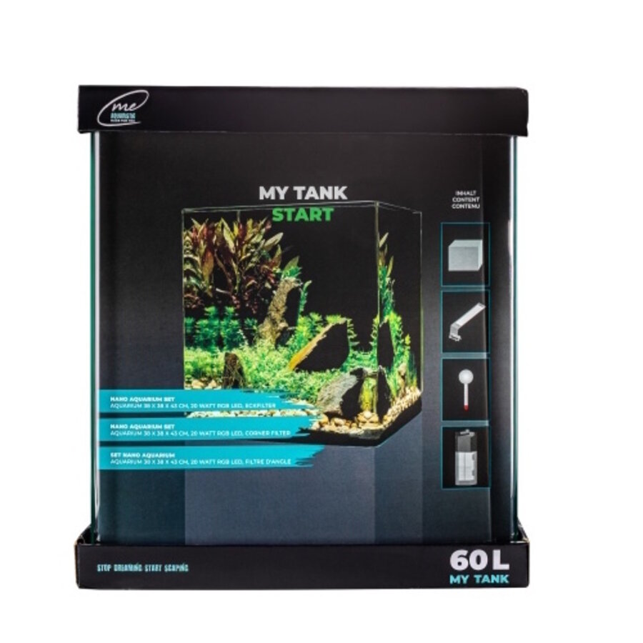 Nano aquarium startset 60 liter 38 x 38 x 43 cm met RGB LED-verlichting, hoekfilter en thermometer