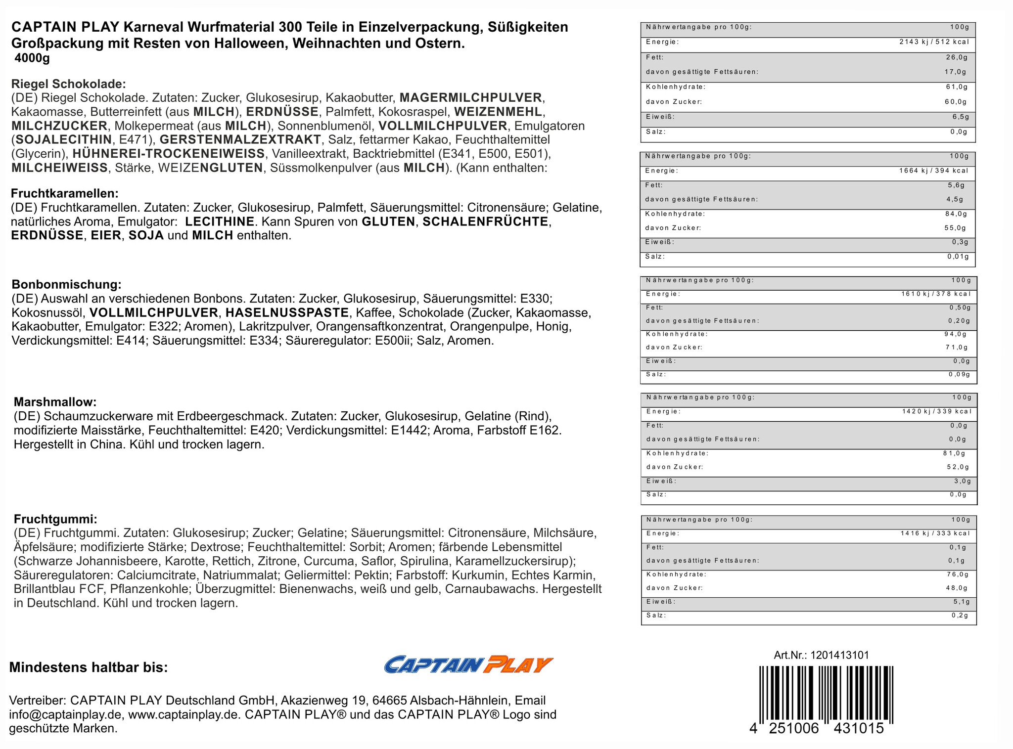 CAPTAIN PLAY Karneval Wurfmaterial, 4 kg Mix, 300 Teile Wurfmaterial Karneval in Einzelverpackung, Süßigkeiten Großpackung mit Resten von Halloween, Weihnachten und Ostern