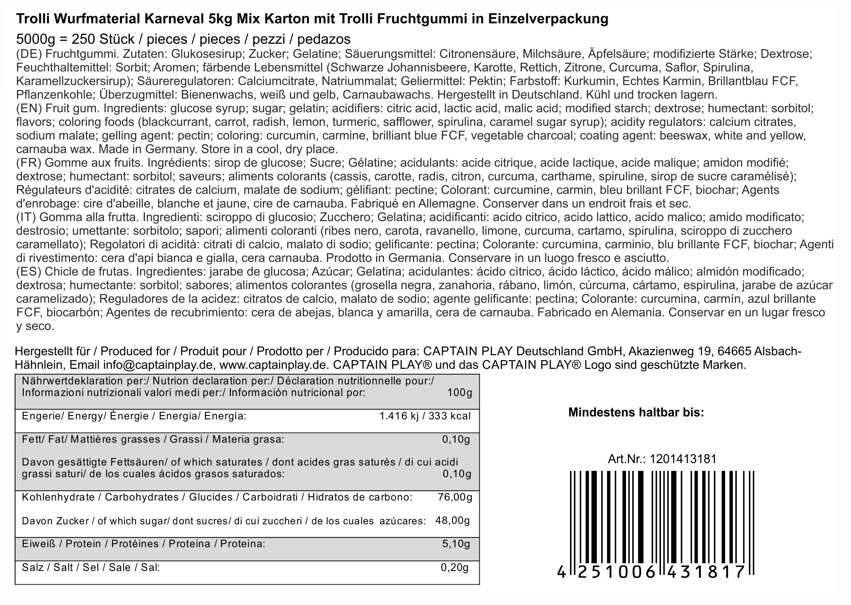 Trolli Wurfmaterial Karneval 5kg Karneval Süßigkeiten Mix Karton mit Trolli Fruchtgummi in Einzelverpackung, 1er Pack (1 x 5kg)