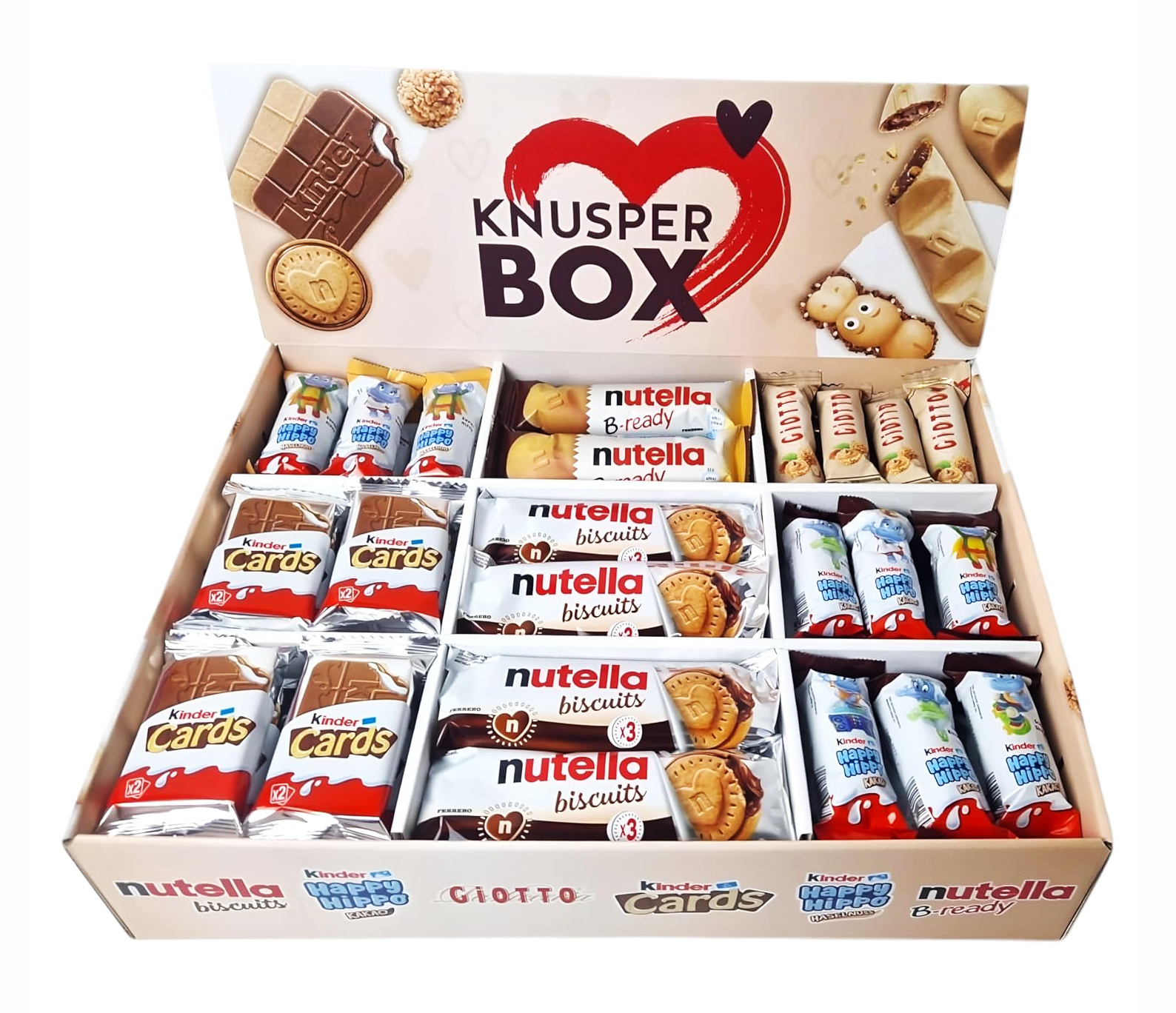 Ferrero Knusper Box mit 74 Teilen in 6 Sorten, mit Kinder Cards, Nutella Biscuits, Kinder Happy Hippo, Nutella B-Ready und Giotto, 1er Pack (1 x 1,8kg)