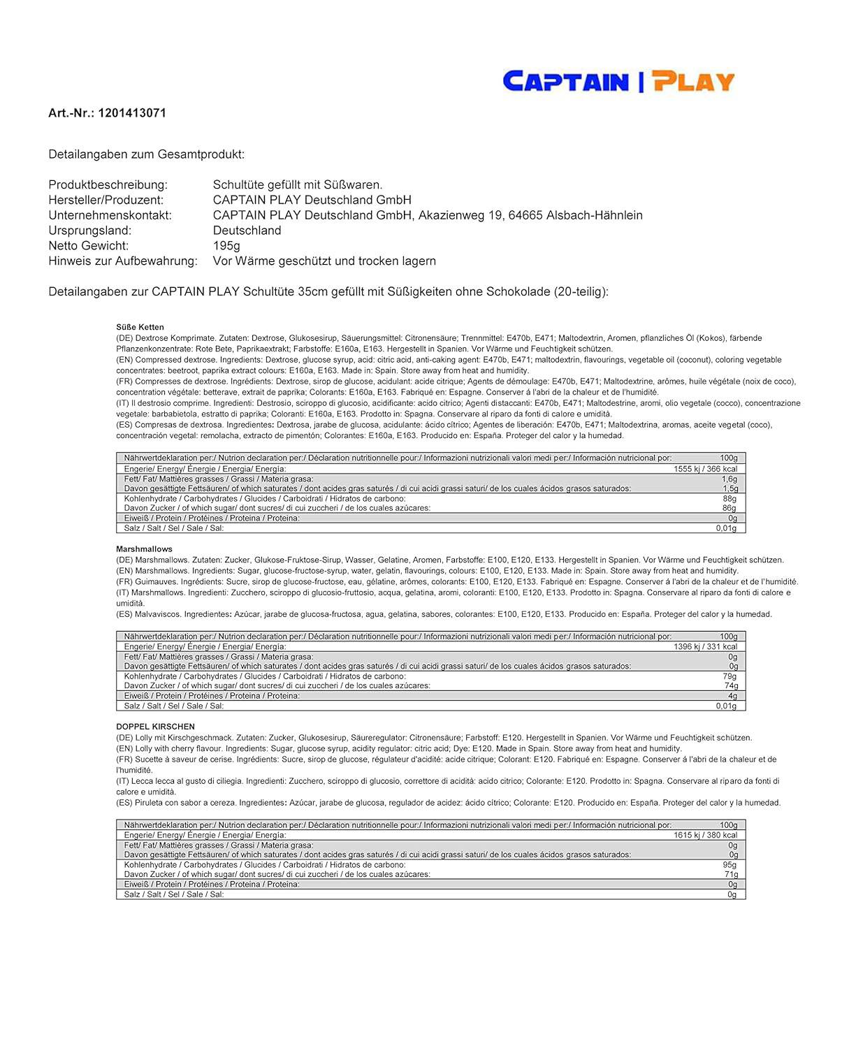 CAPTAIN PLAY Schultüte 35cm gefüllt mit Süßigkeiten ohne Schokolade (20-teilig)