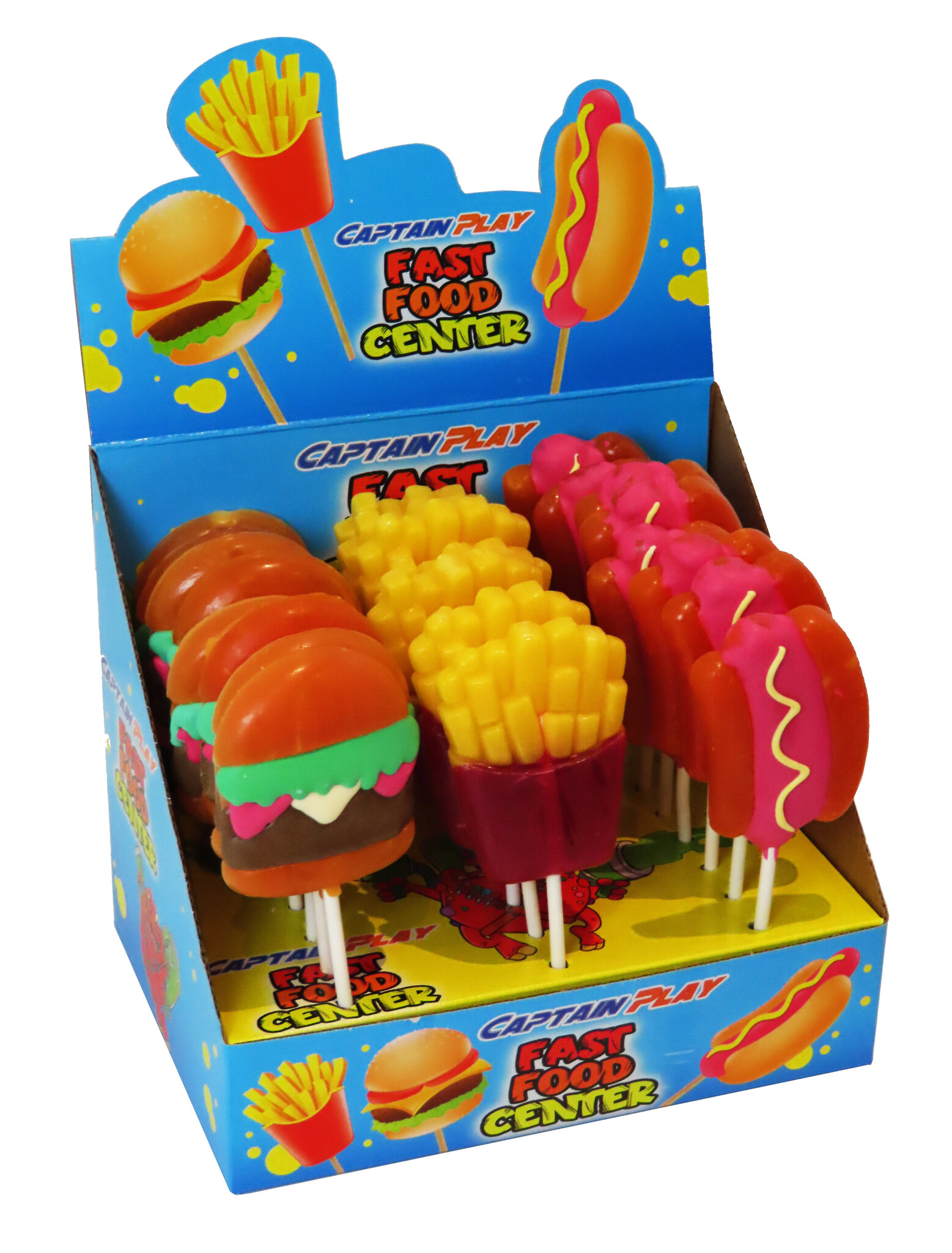 CAPTAIN PLAY Fast Food Center, 24 x XXL Lutscher mit 80g und 17cm Länge in Form von Burger, Pommes und Hot Dog