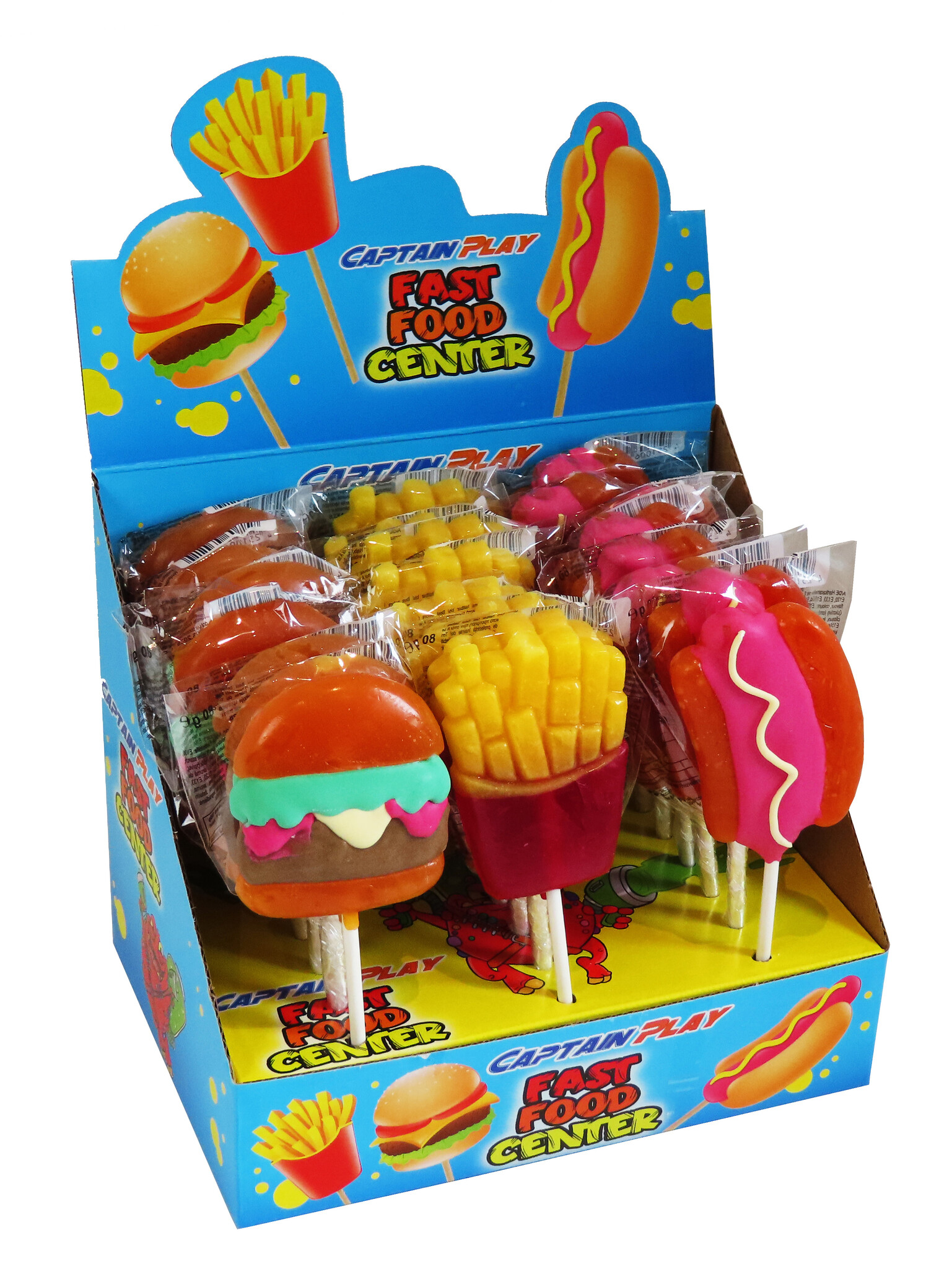 CAPTAIN PLAY Fast Food Center, 24 x XXL Lutscher mit 80g und 17cm Länge in Form von Burger, Pommes und Hot Dog