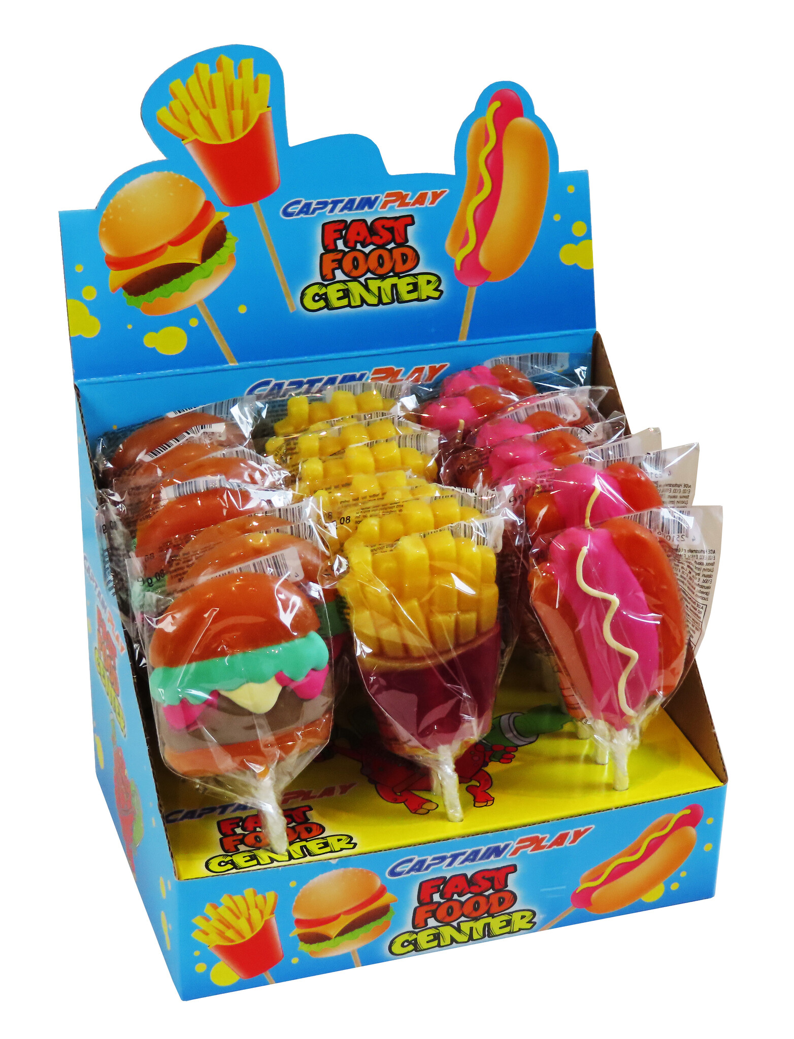 CAPTAIN PLAY Fast Food Center, 24 x XXL Lutscher mit 80g und 17cm Länge in Form von Burger, Pommes und Hot Dog