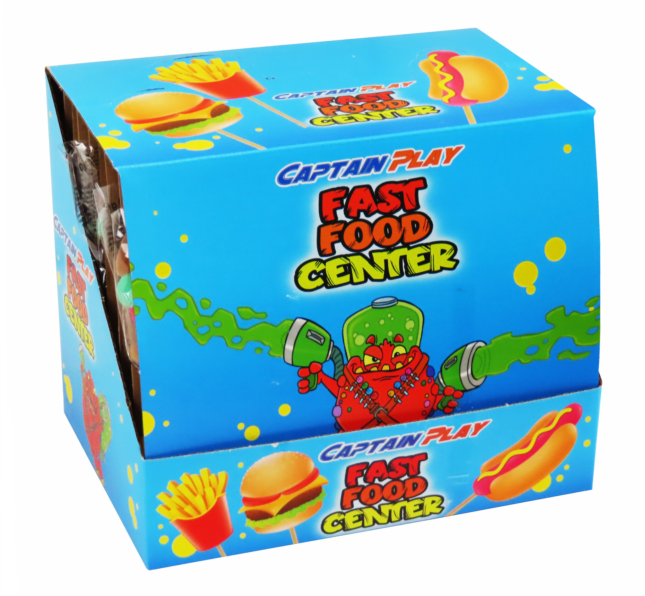 CAPTAIN PLAY Fast Food Center XXL Lutscher – Palette mit 40 Kartons à 3 Displays (insgesamt 120 Displays / 2.880 XXL Lutscher)