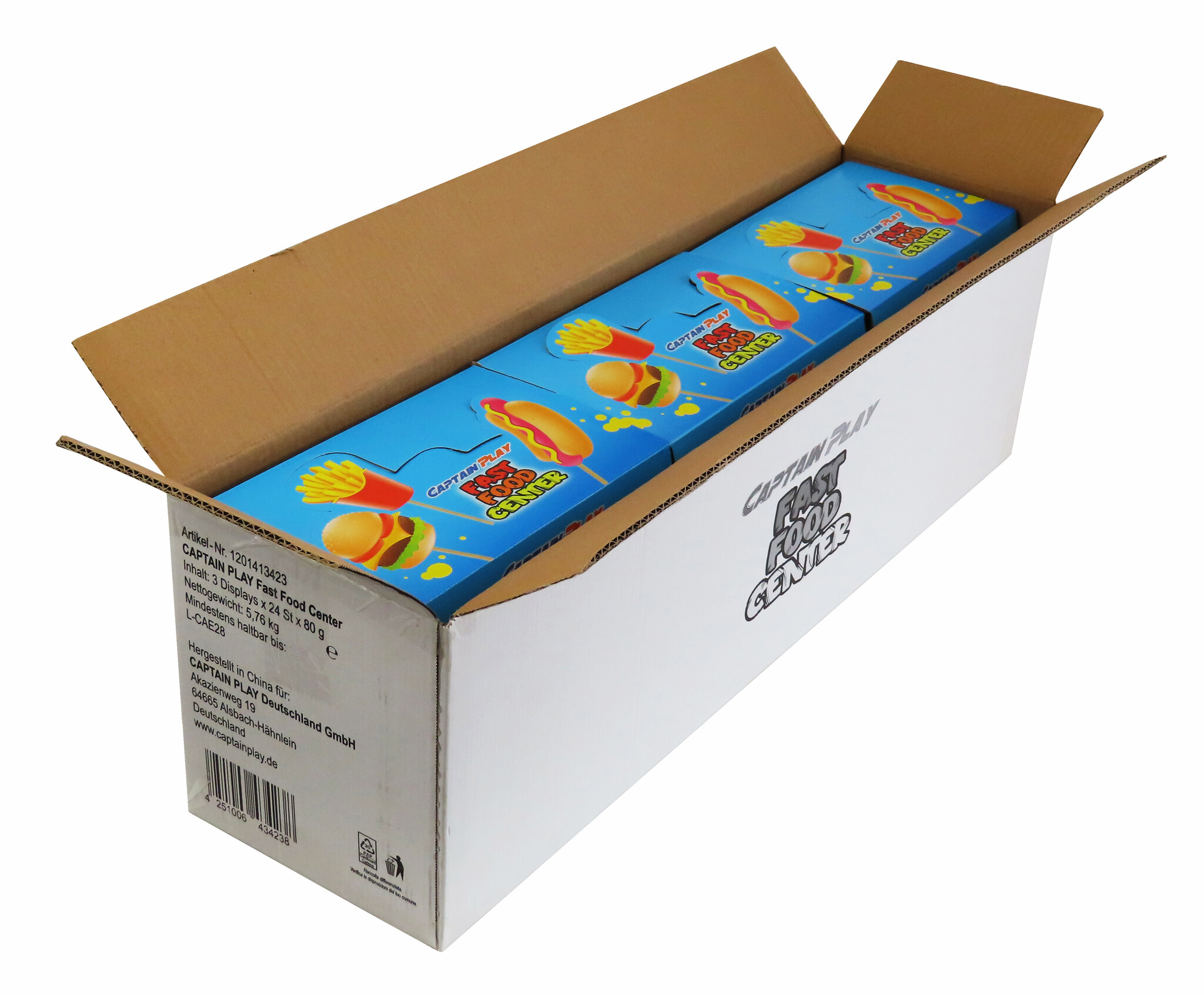 CAPTAIN PLAY Fast Food Center XXL Lutscher – Palette mit 40 Kartons à 3 Displays (insgesamt 120 Displays / 2.880 XXL Lutscher)