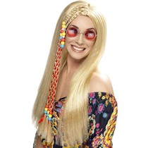 Hippy Party pruik blond met gekleurde kralen