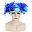 Organza hoed blauw met boa en bloemen