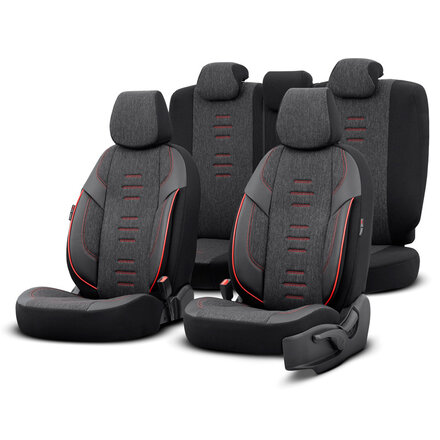 otoM Universele Linnen/Leder/Stoffen Stoelhoezenset 'Throne' Zwart/Grijs/Rood - 11-delig - geschikt voor Side-Airbags