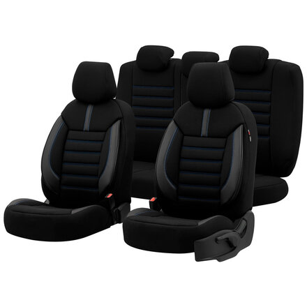 otoM Universele Stoffen/Leder Stoelhoezenset 'Limited' Zwart + Blauwe stiksels - 11-delig - geschikt voor Side-Airbags