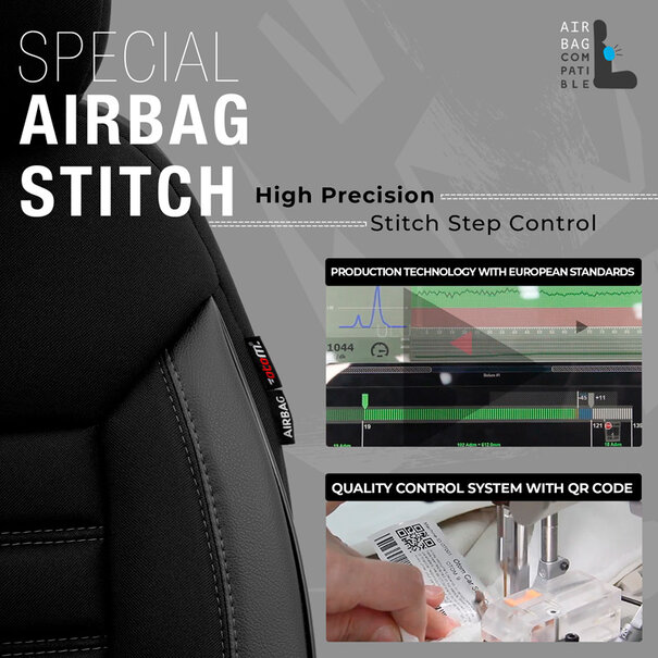 otoM Universele Stoffen/Leder Stoelhoezenset 'Limited' Zwart + Grijze stiksels - 11-delig - geschikt voor Side-Airbags