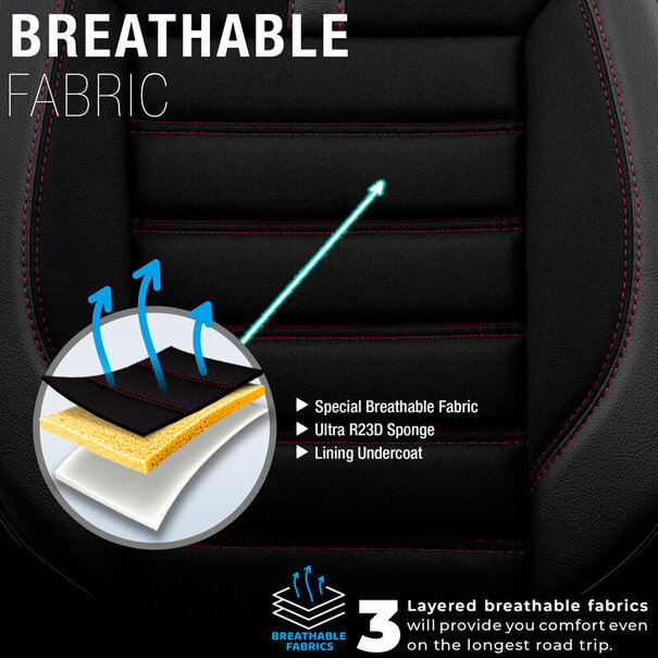 otoM Universele Stoffen/Leder Stoelhoezenset 'Limited' Zwart + Rode stiksels - 11-delig - geschikt voor Side-Airbags