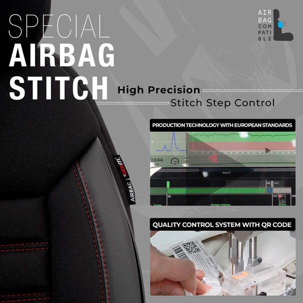 otoM Universele Stoffen/Leder Stoelhoezenset 'Limited' Zwart + Rode stiksels - 11-delig - geschikt voor Side-Airbags