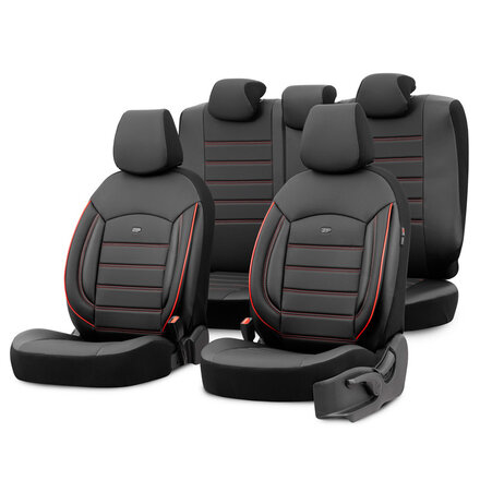 otoM Universele Volleder Stoelhoezenset 'Inspire' Zwart + Rode rand - 11-delig - geschikt voor Side-Airbags