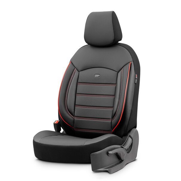 otoM Universele Volleder Stoelhoezenset 'Inspire' Zwart + Rode rand - 11-delig - geschikt voor Side-Airbags
