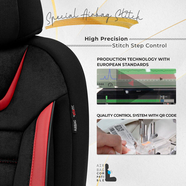 otoM otoM Universele Suede/Leder/Stoffen Stoelhoezenset 'Iconic' Zwart/Rood - 11-delig - geschikt voor Side-Airbags