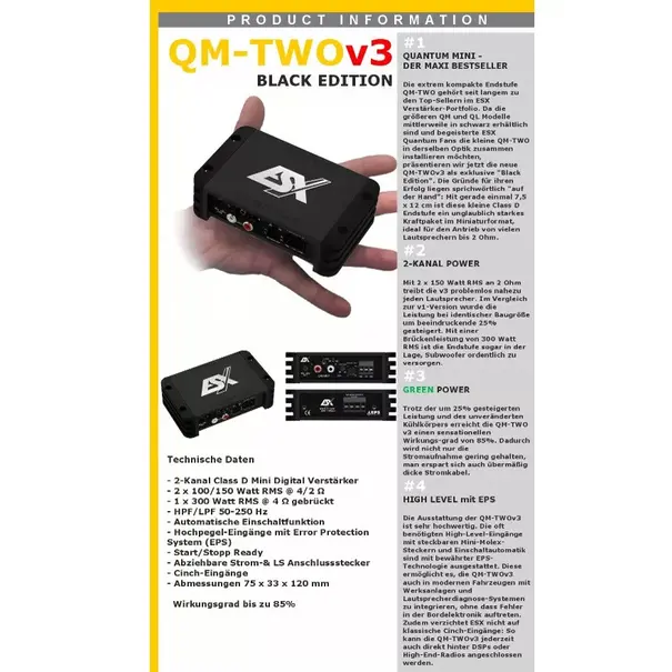 ESX ESX QM-TWOv3 - 2-Kanaals klasse D mini digitale versterker -  300 Watt RMS