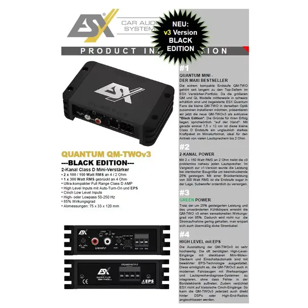 ESX ESX QM-TWOv3 - 2-Kanaals klasse D mini digitale versterker -  300 Watt RMS