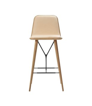 Fredericia - Spine Wood barstool - front leather upholstered