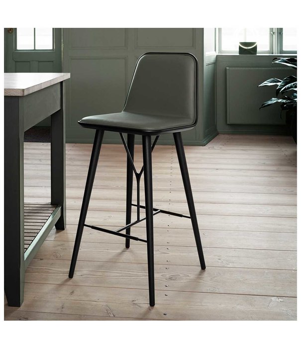 Fredericia  Fredericia - Spine Wood barstool - front leather upholstered