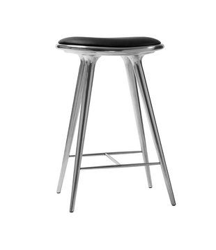 Mater Design - High Stool polished aluminium, black leather H69