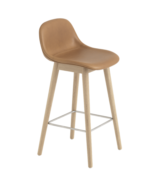 Muuto  Muuto Fiber Counter Stool w. backrest leather, oak wood base