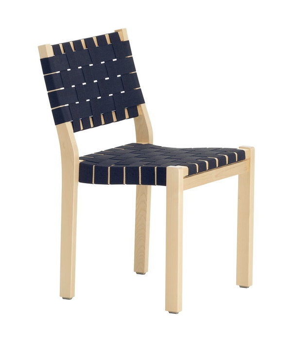 Artek  Artek - Stoel 611 berken, zwart/blauw geweven linnen