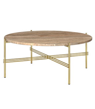 Gubi - TS coffee table round warm taupe travertine, brass base Ø80