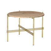 Gubi - TS coffee table round  warm taupe travertine, brass base