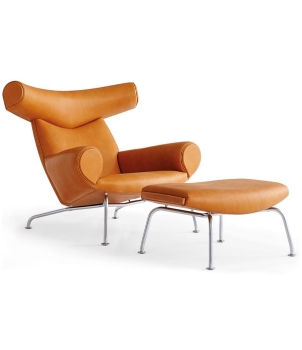 Fredericia  Fredericia - Wegner Ox ottoman, brushed chrome - cognac leather