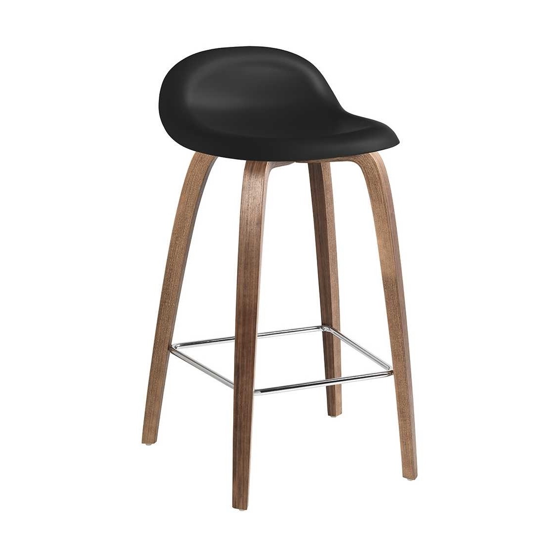 3D bar stool black plastic shell walnut wood base H75