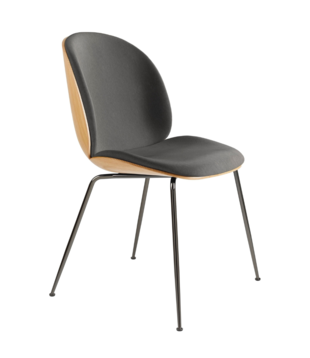 Gubi - Beetle Dining Chair oak / Camo leather tundra grey, conic base black-chrome