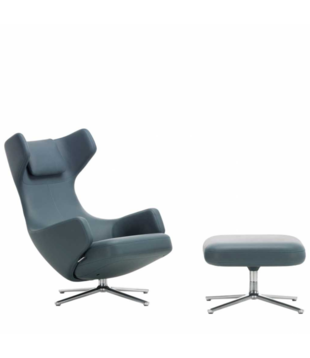 Vitra - Grand Repos lounge chair with ottoman - Premium leather Smoke Blue