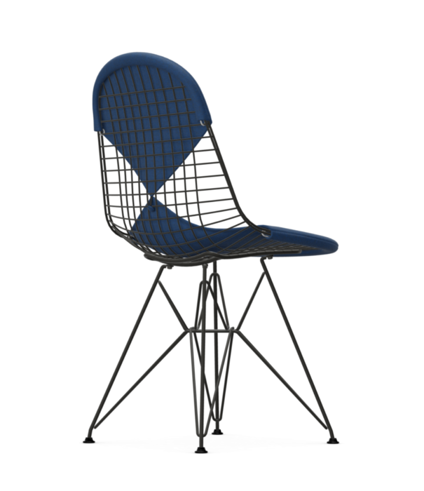 Vitra  Eames Wire DKR-2 Chair black, seat cushion Hopsak blue - Moor brown