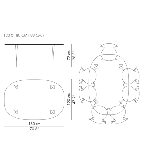 Fritz Hansen Superellipse B613 Tafel Fenix laminaat 180cm