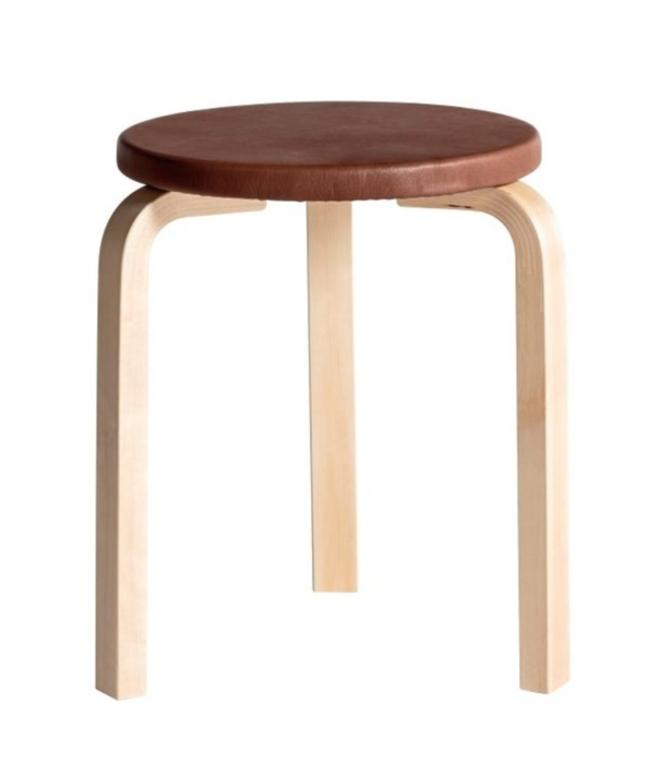 Artek  Artek - Stool 60 berken - zitting leer Sörensen Prestige Walnoot