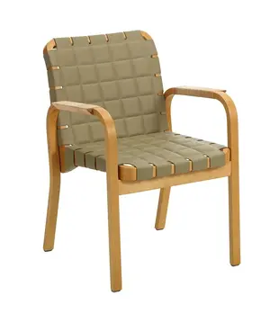 Artek - Armchair 45 honey - leaf green quilted leather - rattan weave