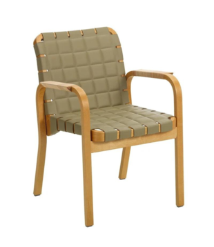 Artek Armchair 45 honey birch, leaf green quilted leather - rattan arm