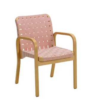 Artek Armstoel 45 honing berken, met naturel/rood geweven stof