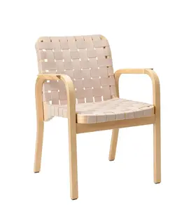 Artek Armstoel 45 naturel berken, met naturel/wit webbing, rotan