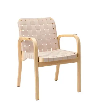 Artek Armstoel 45 naturel berken, met naturel/wit webbing, rotan